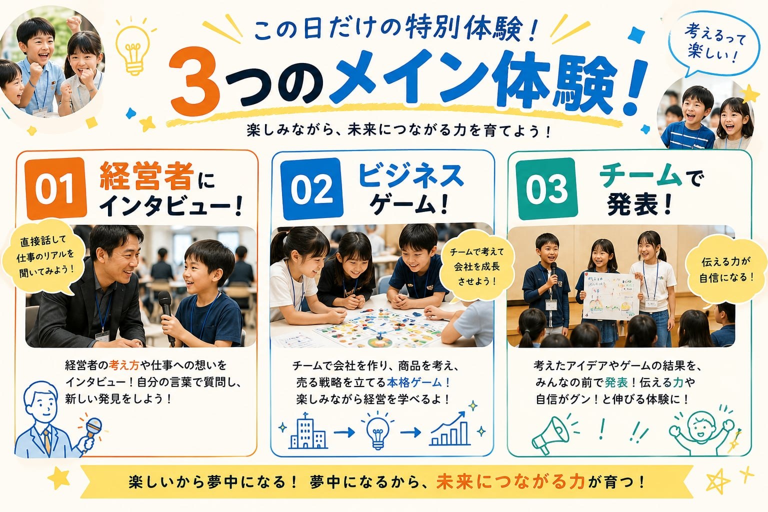 この日だけの特別体験！3つのメイン体験：①経営者にインタビュー ②ビジネスゲーム ③チームで発表