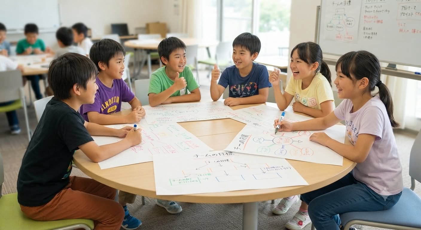 円卓を囲んでチームで話し合う子どもたちの様子